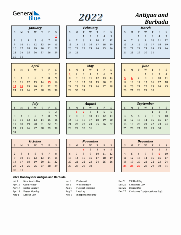 Antigua and Barbuda Calendar 2022 with Sunday Start