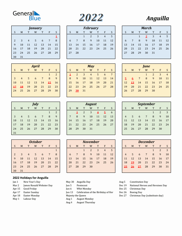 Anguilla Calendar 2022 with Sunday Start