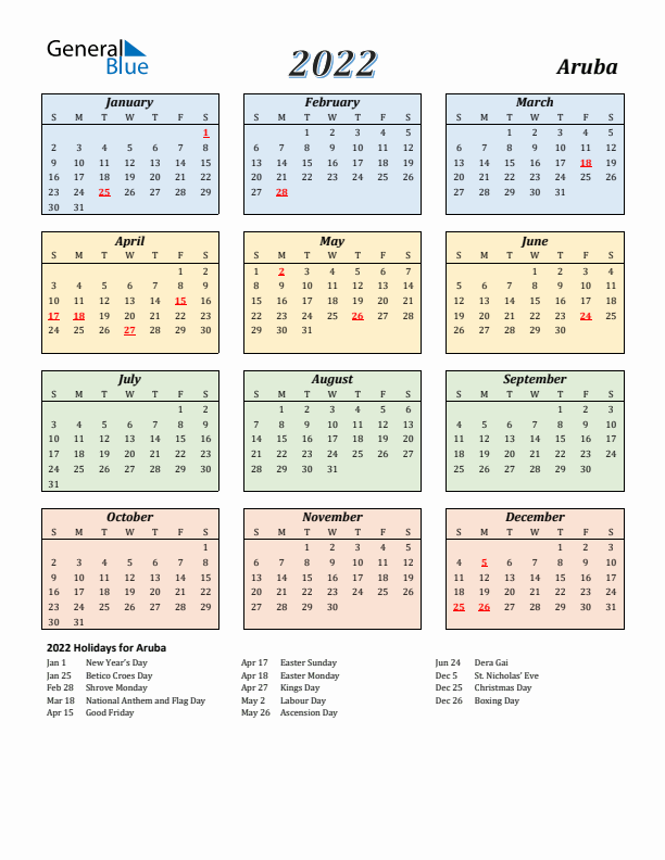 Aruba Calendar 2022 with Sunday Start