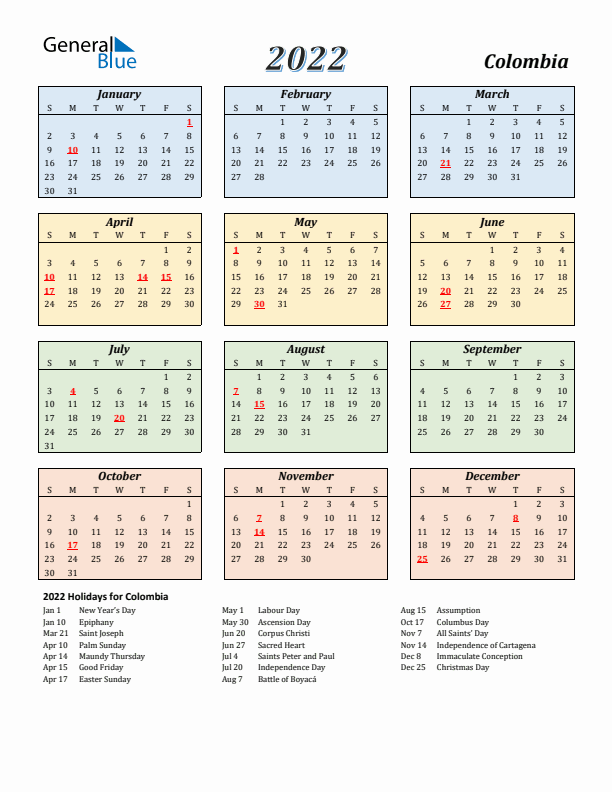 Colombia Calendar 2022 with Sunday Start