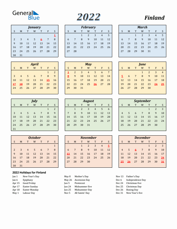 Finland Calendar 2022 with Sunday Start