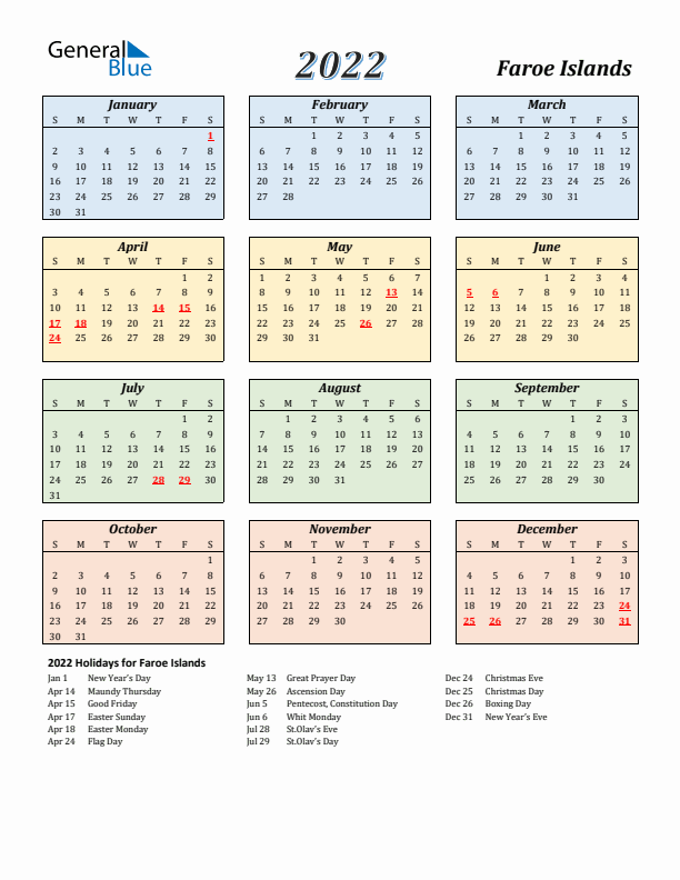 Faroe Islands Calendar 2022 with Sunday Start