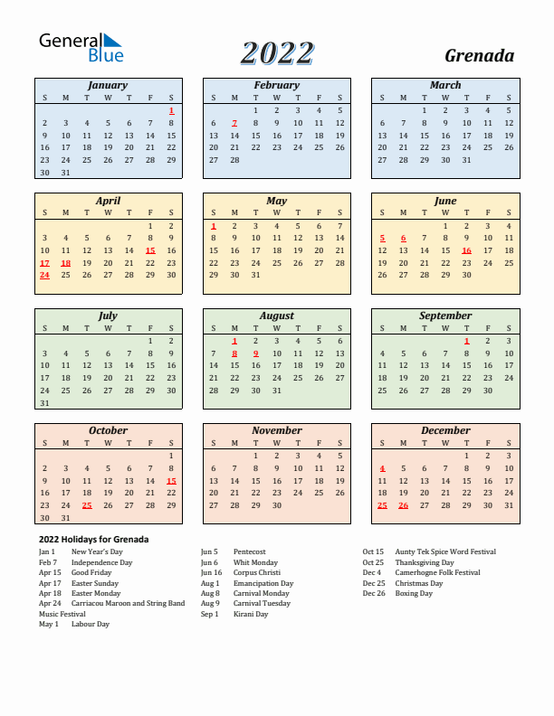 Grenada Calendar 2022 with Sunday Start