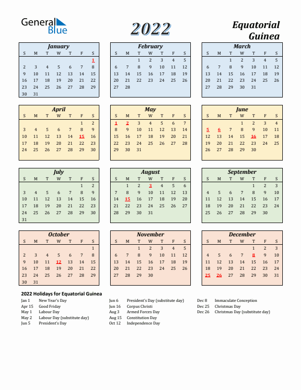 Equatorial Guinea Calendar 2022 with Sunday Start