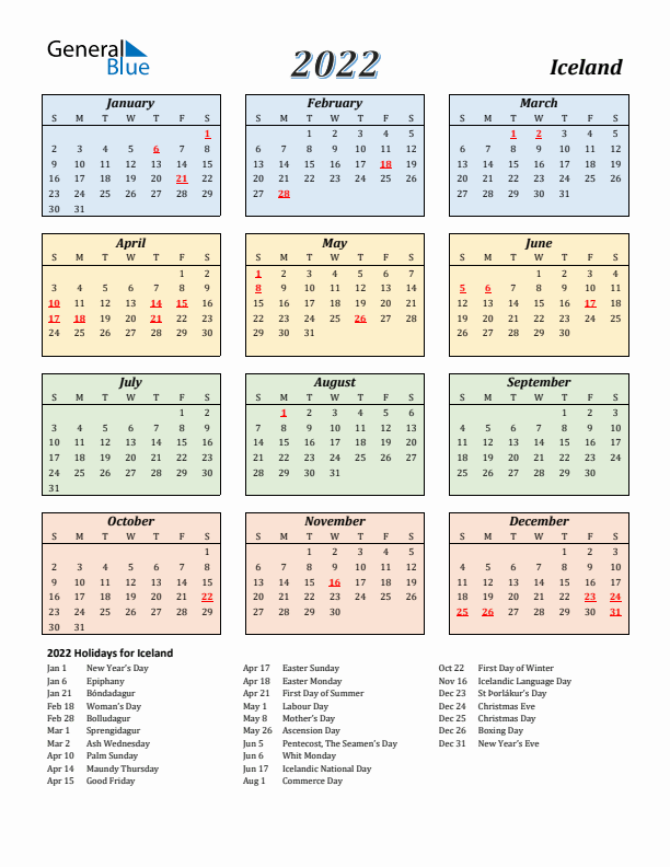 Iceland Calendar 2022 with Sunday Start