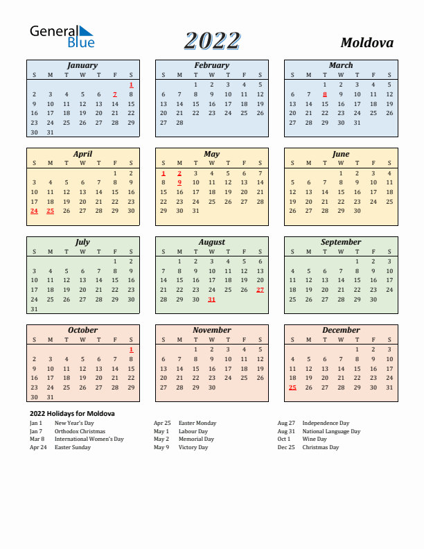 Moldova Calendar 2022 with Sunday Start