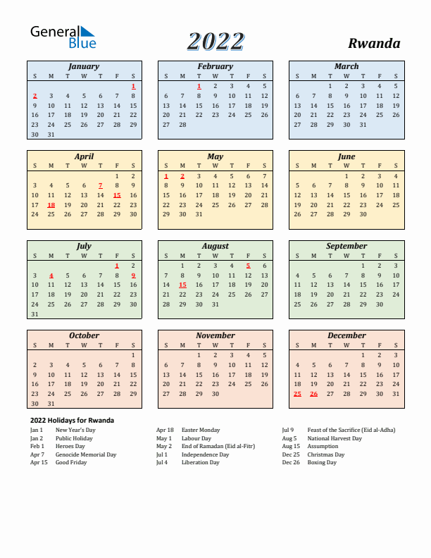 Rwanda Calendar 2022 with Sunday Start