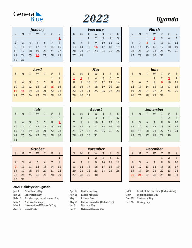 Uganda Calendar 2022 with Sunday Start