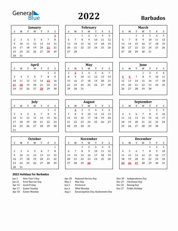 2022 Barbados Holiday Calendar - Sunday Start