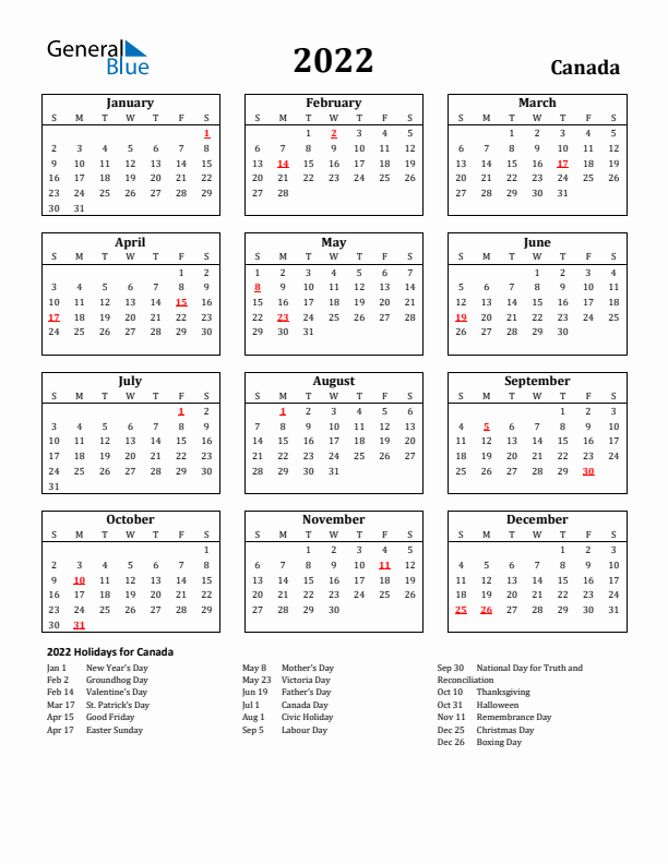 2022 Canada Holiday Calendar - Sunday Start