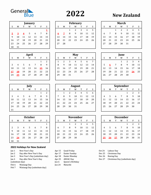 2022 New Zealand Holiday Calendar - Sunday Start