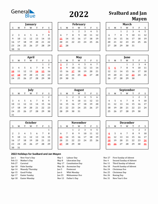 2022 Svalbard and Jan Mayen Holiday Calendar - Sunday Start