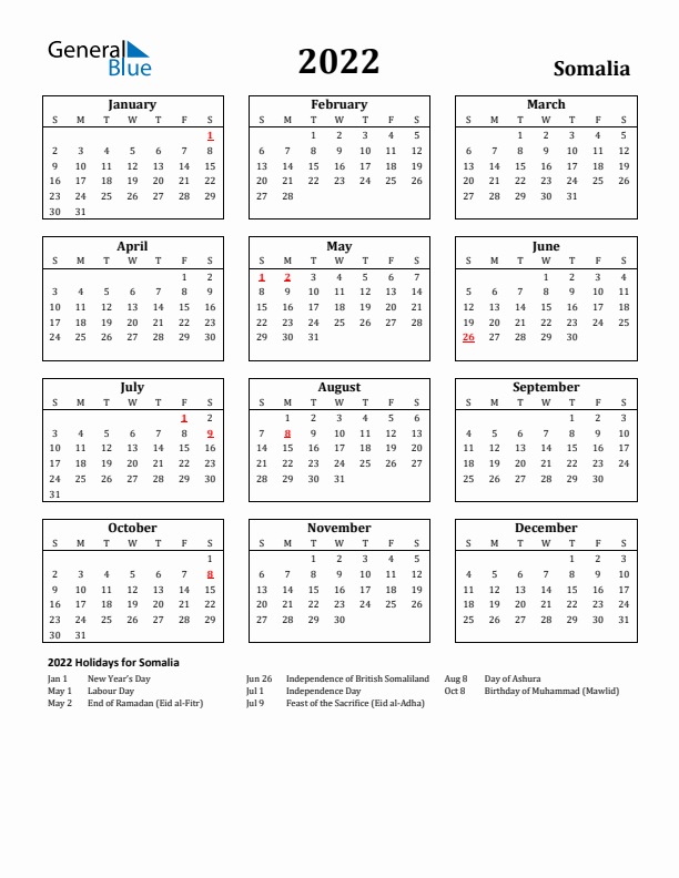 2022 Somalia Holiday Calendar - Sunday Start