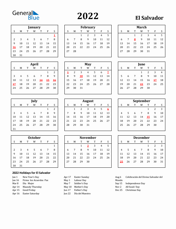 2022 El Salvador Holiday Calendar - Sunday Start