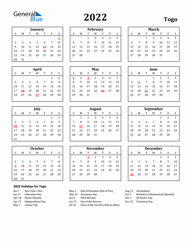 2022 Togo Holiday Calendar - Sunday Start