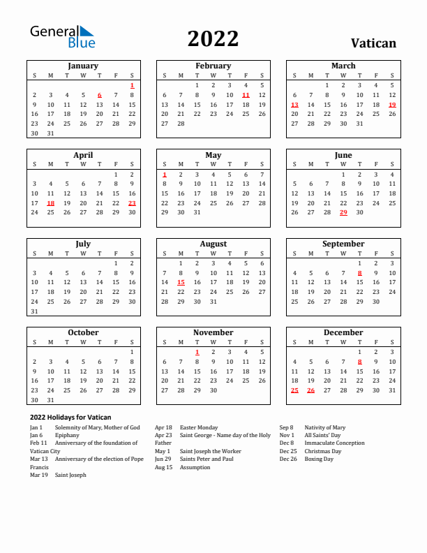 2022 Vatican Holiday Calendar - Sunday Start