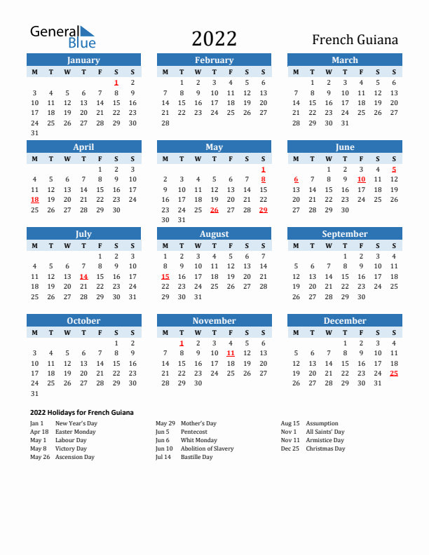 Printable Calendar 2022 with French Guiana Holidays (Monday Start)