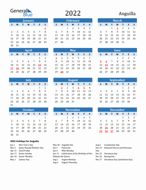 Printable Calendar 2022 with Anguilla Holidays (Sunday Start)