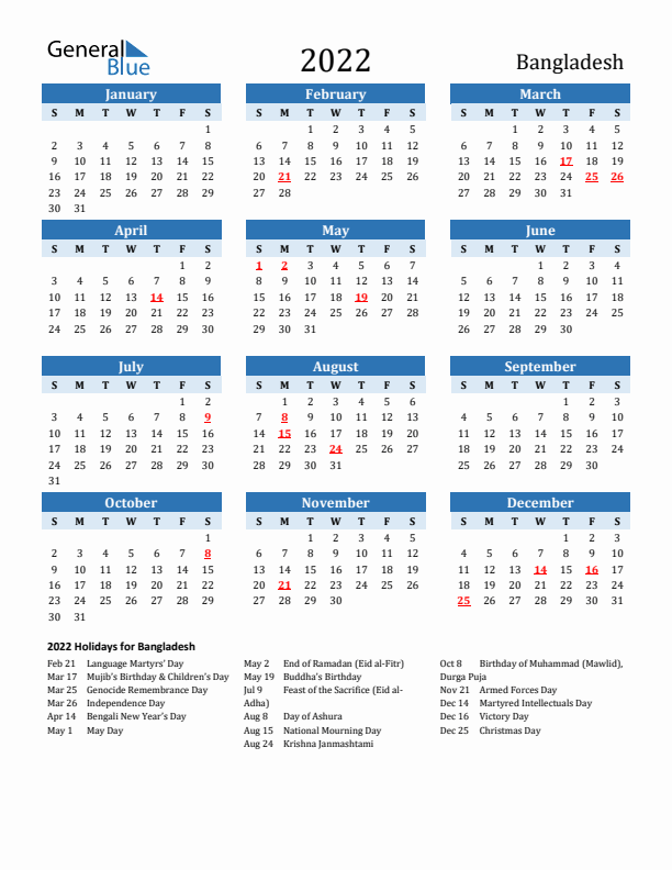 Printable Calendar 2022 with Bangladesh Holidays (Sunday Start)