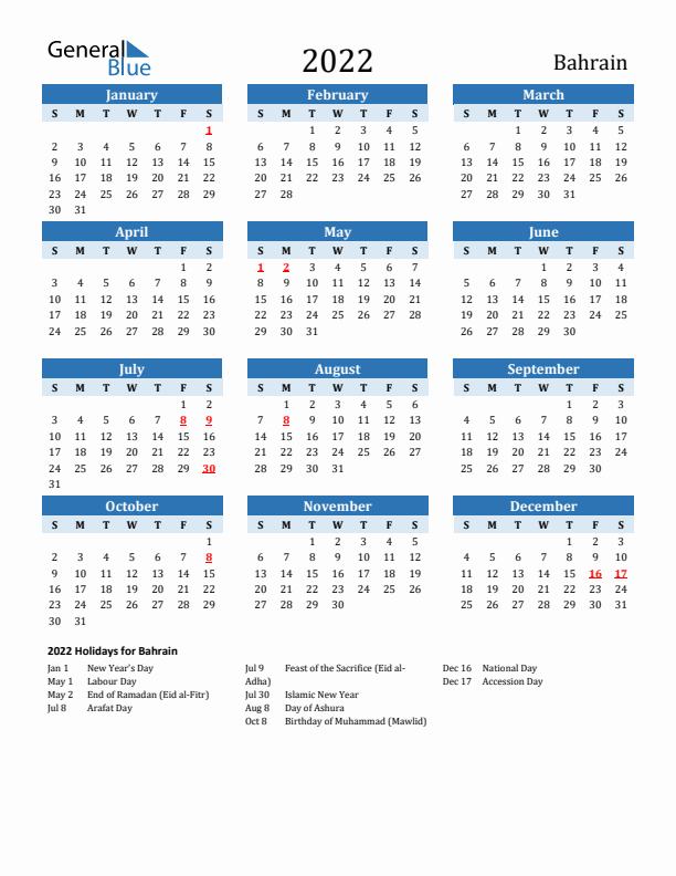 Printable Calendar 2022 with Bahrain Holidays (Sunday Start)