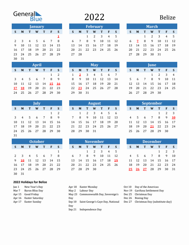 Printable Calendar 2022 with Belize Holidays (Sunday Start)