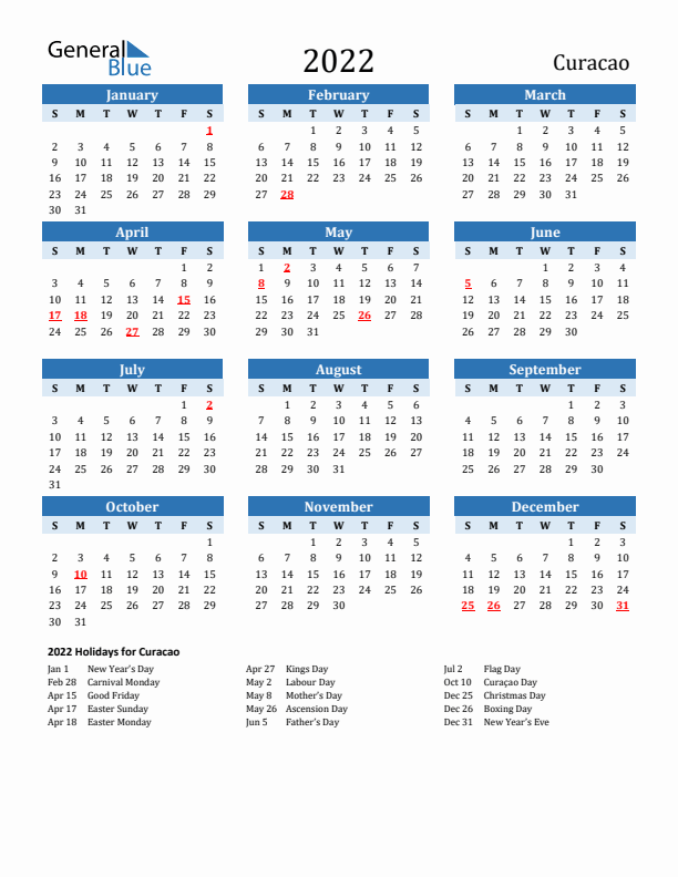 Printable Calendar 2022 with Curacao Holidays (Sunday Start)