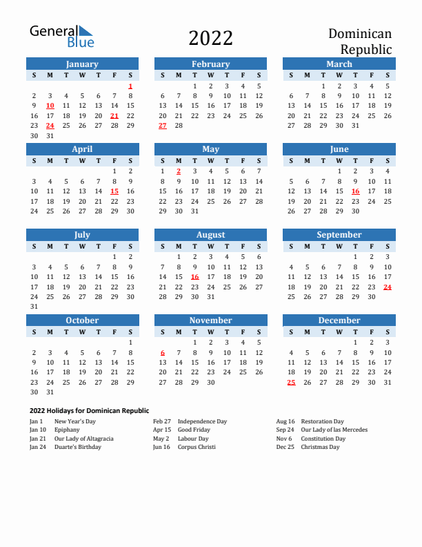 Printable Calendar 2022 with Dominican Republic Holidays (Sunday Start)