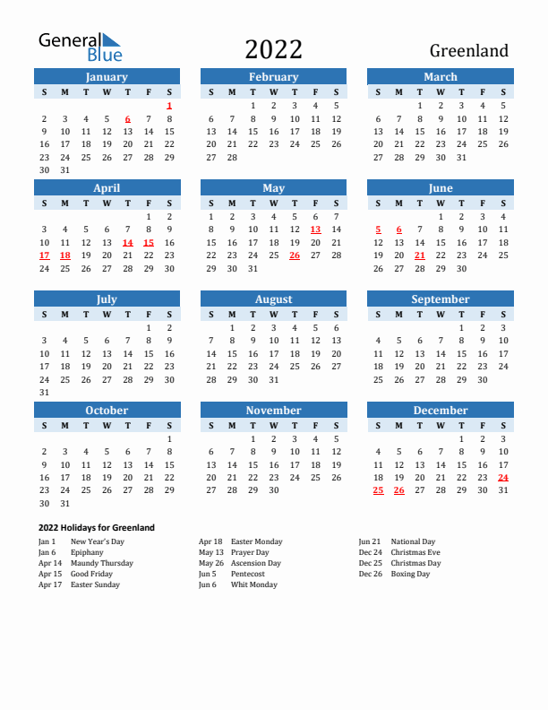 Printable Calendar 2022 with Greenland Holidays (Sunday Start)