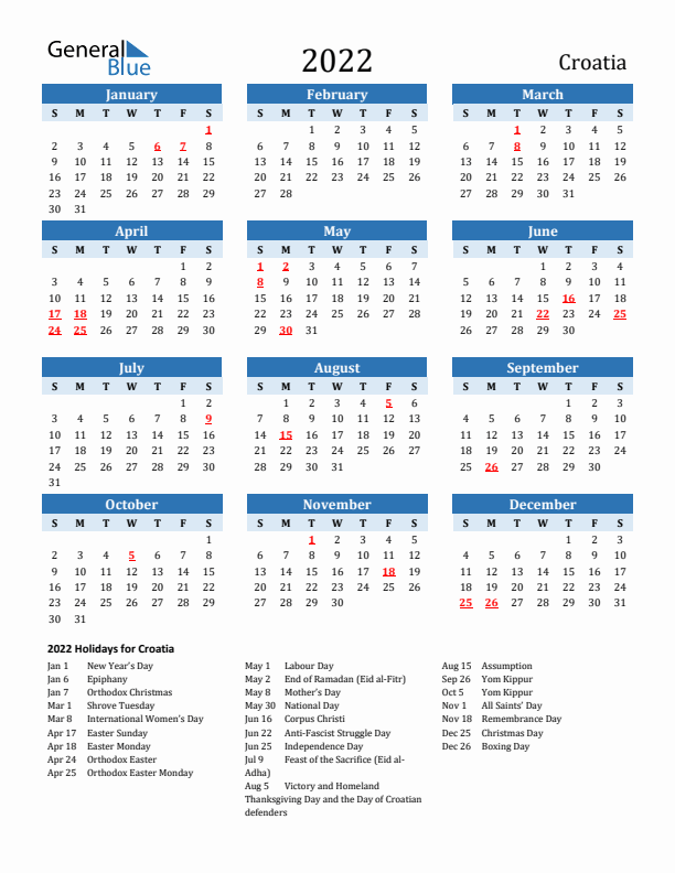 Printable Calendar 2022 with Croatia Holidays (Sunday Start)