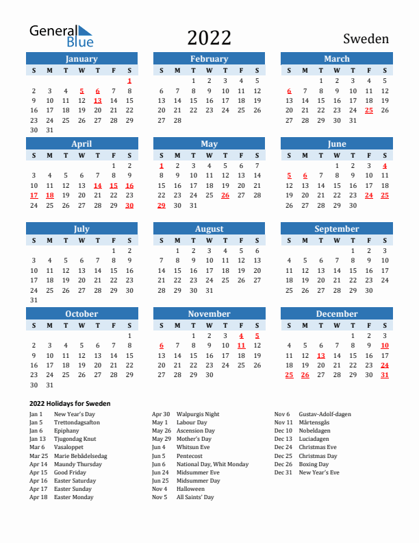 Printable Calendar 2022 with Sweden Holidays (Sunday Start)