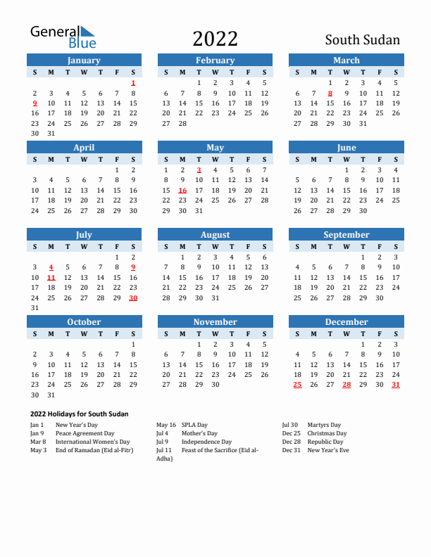 Printable Calendar 2022 with South Sudan Holidays (Sunday Start)