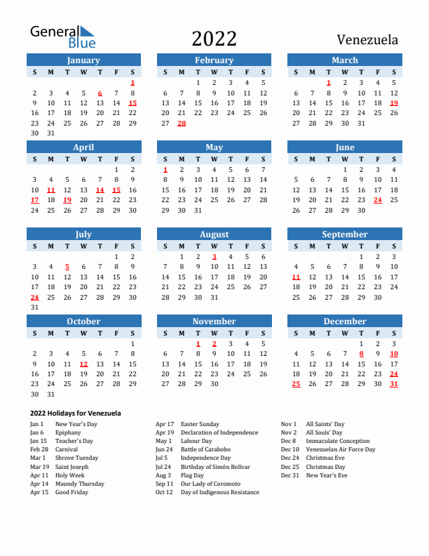 Printable Calendar 2022 with Venezuela Holidays (Sunday Start)