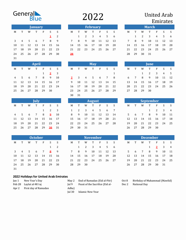 United Arab Emirates 2022 Calendar with Holidays