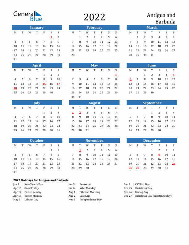 Antigua and Barbuda 2022 Calendar with Holidays