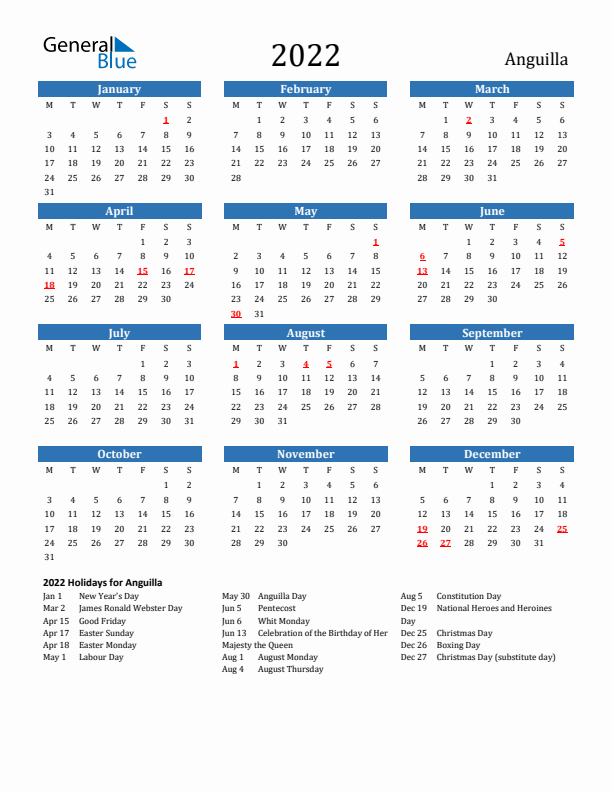 Anguilla 2022 Calendar with Holidays