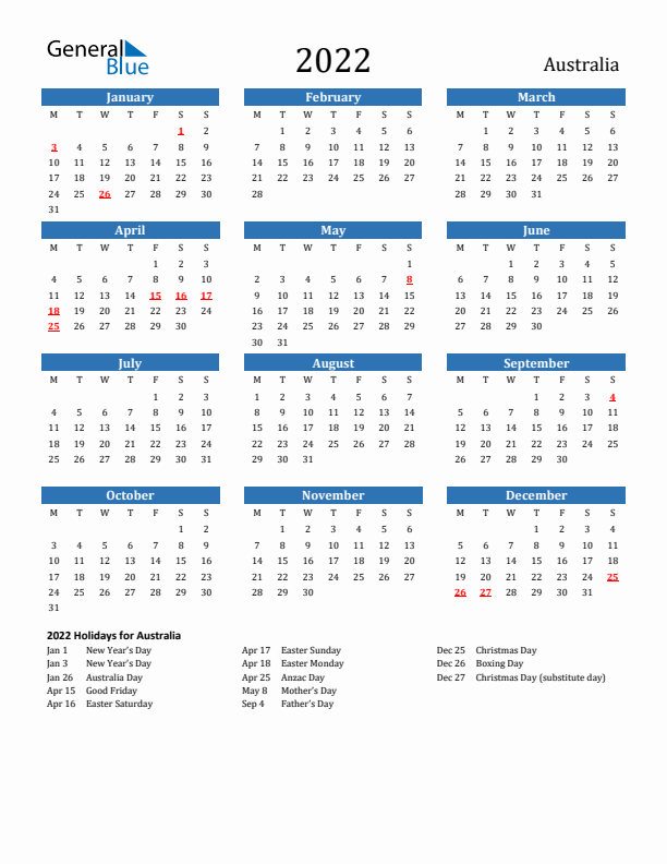 Australia 2022 Calendar with Holidays