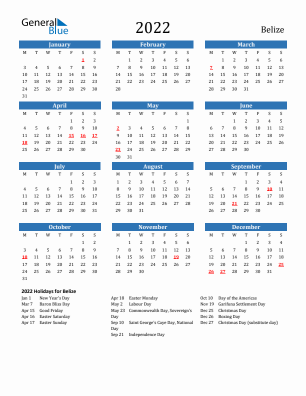 Belize 2022 Calendar with Holidays