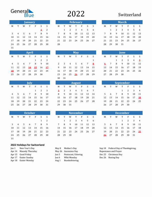 Switzerland 2022 Calendar with Holidays