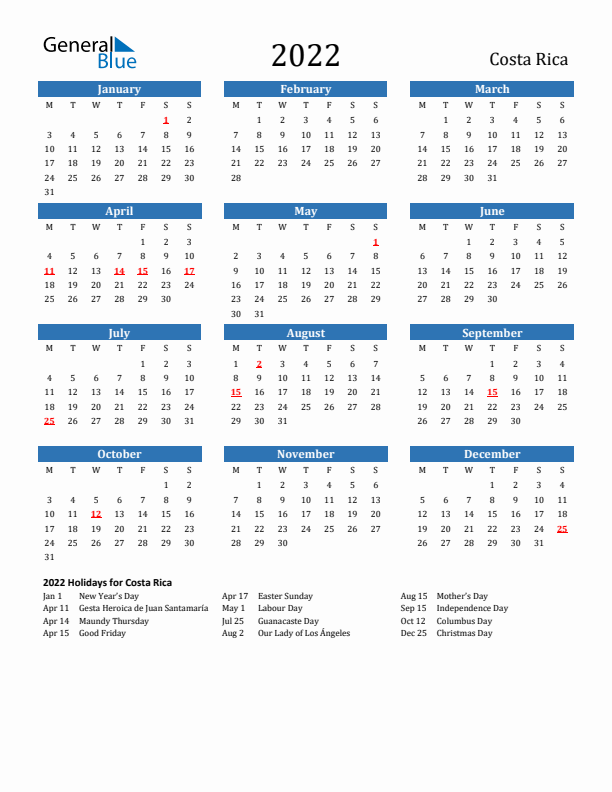 Costa Rica 2022 Calendar with Holidays