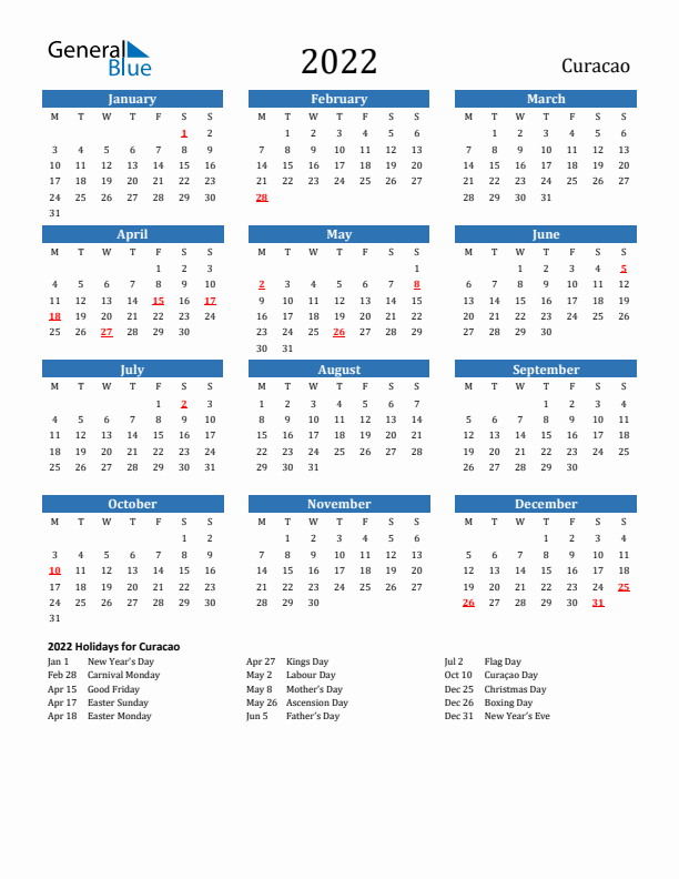 Curacao 2022 Calendar with Holidays