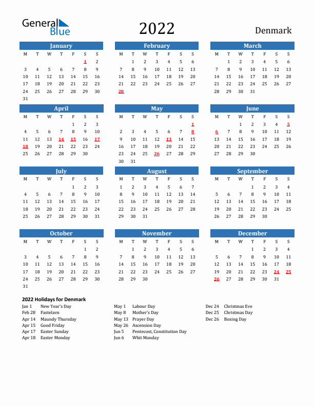 Denmark 2022 Calendar with Holidays