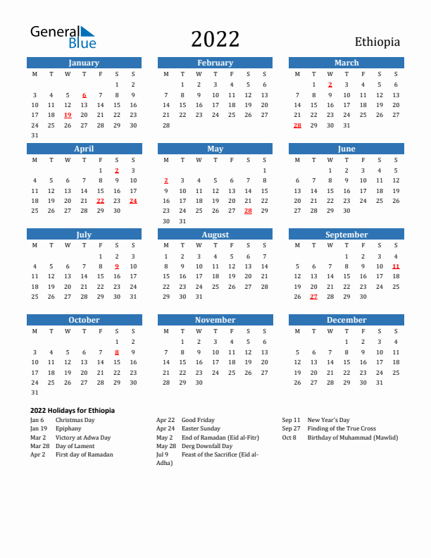 Ethiopia 2022 Calendar with Holidays