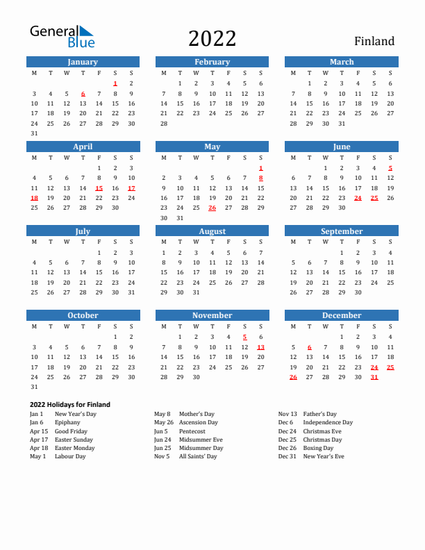 Finland 2022 Calendar with Holidays