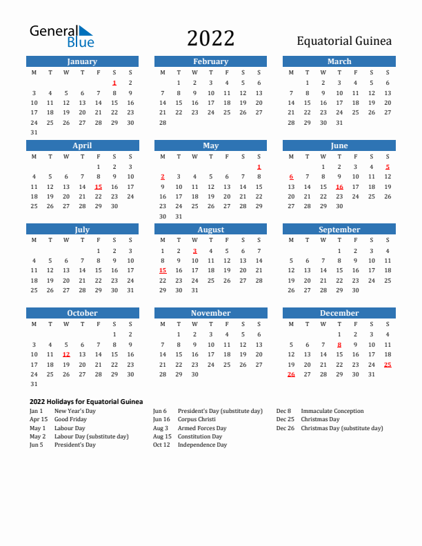 Equatorial Guinea 2022 Calendar with Holidays