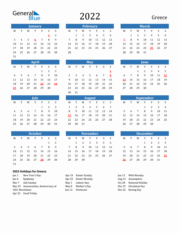 Greece 2022 Calendar with Holidays