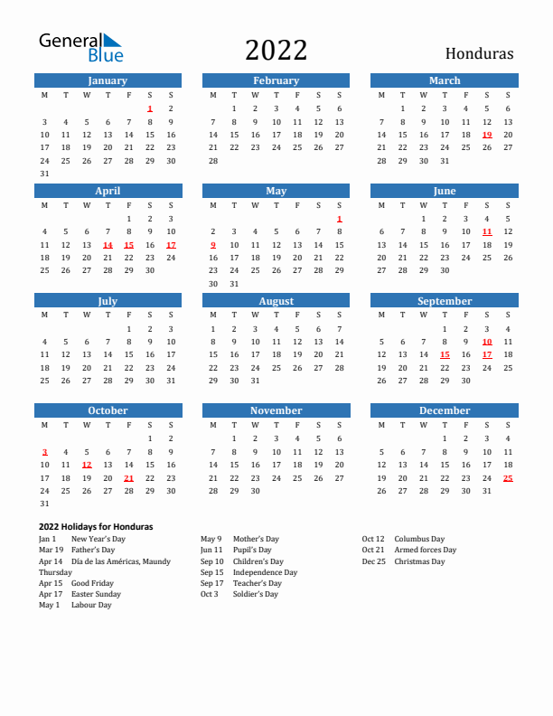 Honduras 2022 Calendar with Holidays