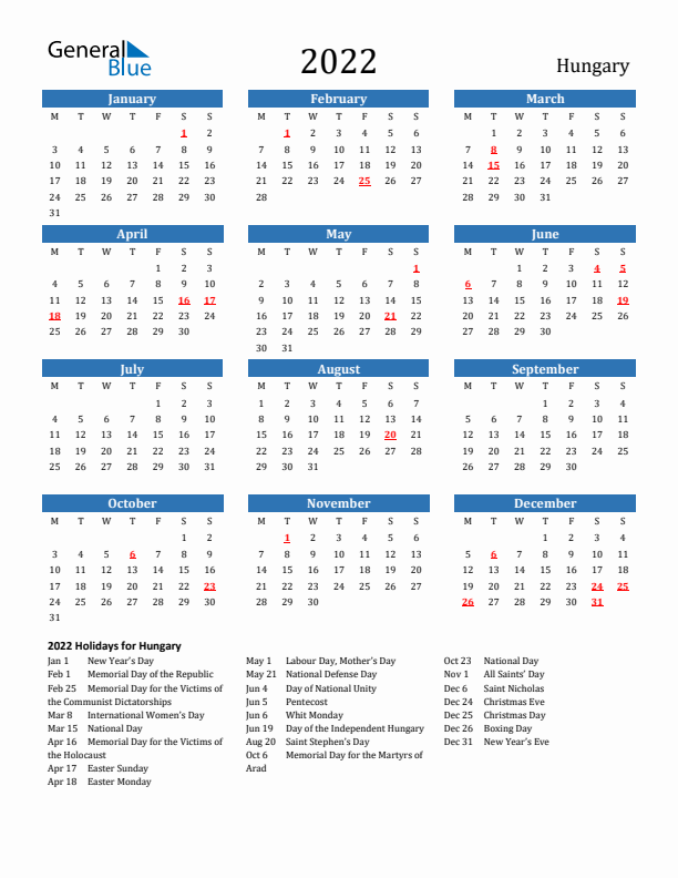 Hungary 2022 Calendar with Holidays