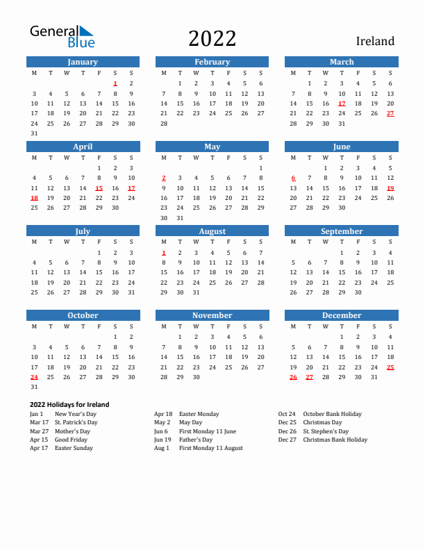 Ireland 2022 Calendar with Holidays