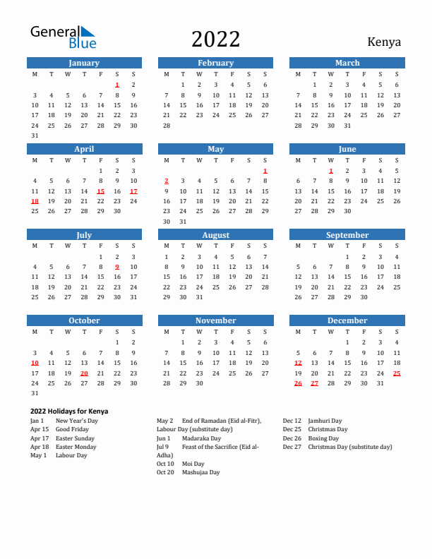 Kenya 2022 Calendar with Holidays