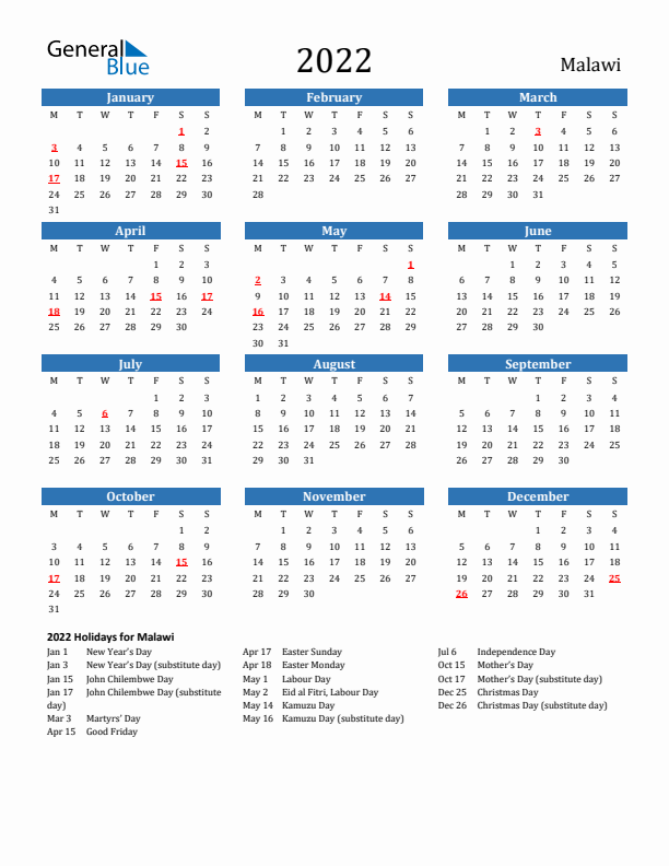 Malawi 2022 Calendar with Holidays